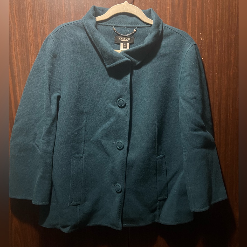Talbots 100% Wool Dark Teal Jacket Sz 12 3/4 Sleeve Casual Business Work Attire